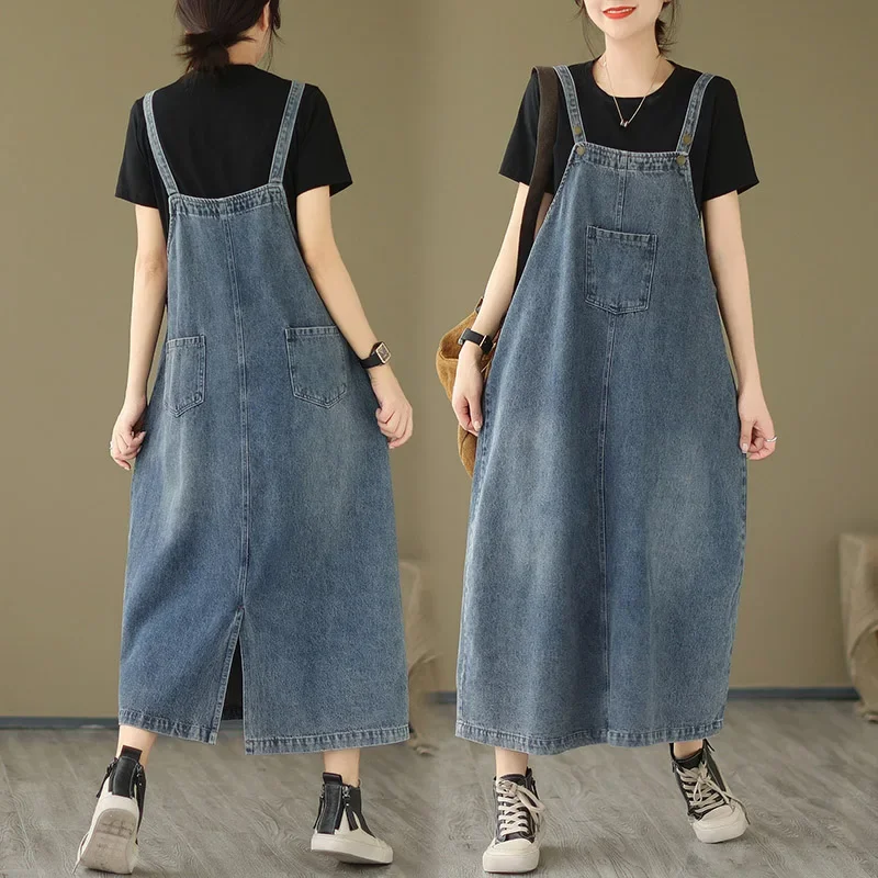

Korean Retro Denim Strap Dress For Women New Spring/Summer Loose Style Sling Long Dress Overall Jeans Vestidos JJ254