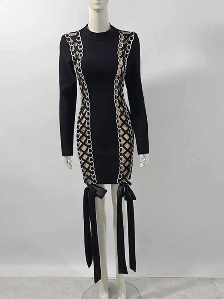 2025 nouvelles femmes célébrité Sexy à manches longues à lacets noir Mini moulante robe de pansement élégant soirée Club tenue de fête