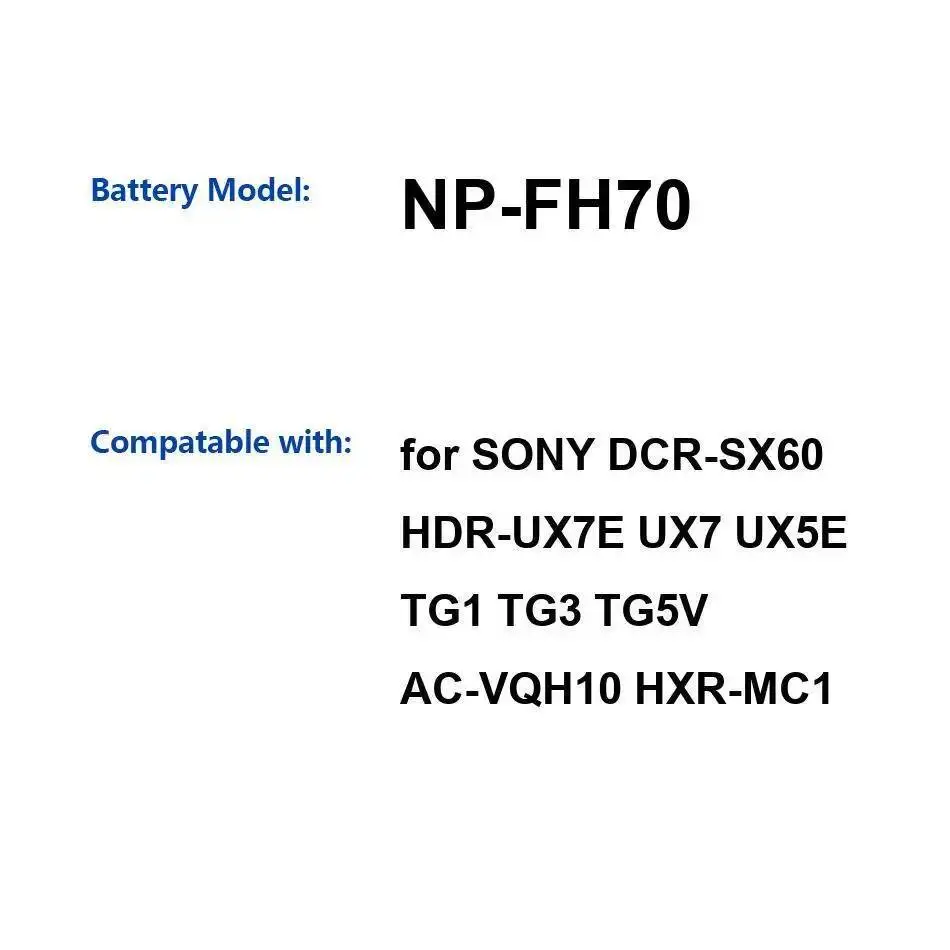 

Аккумулятор для камеры NP-FH70 2200 мАч для Sony Dcr-SX60 Hdr-UX7E UX7 UX5E TG1 TG3 TG5V AC-VQH10 Hxr-MC1