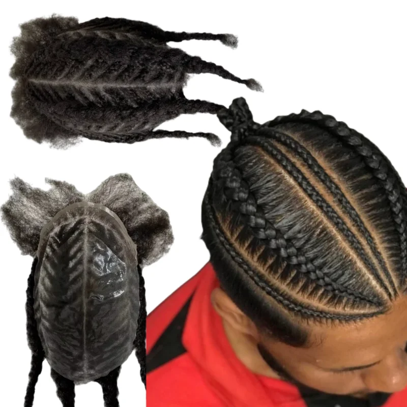 

Peruvian Virgin Human Hairpieces #1B Root Afro Fishbone Cornrow Braids BIO Toupee 8x10 Front Lace with PU Units for Black Men