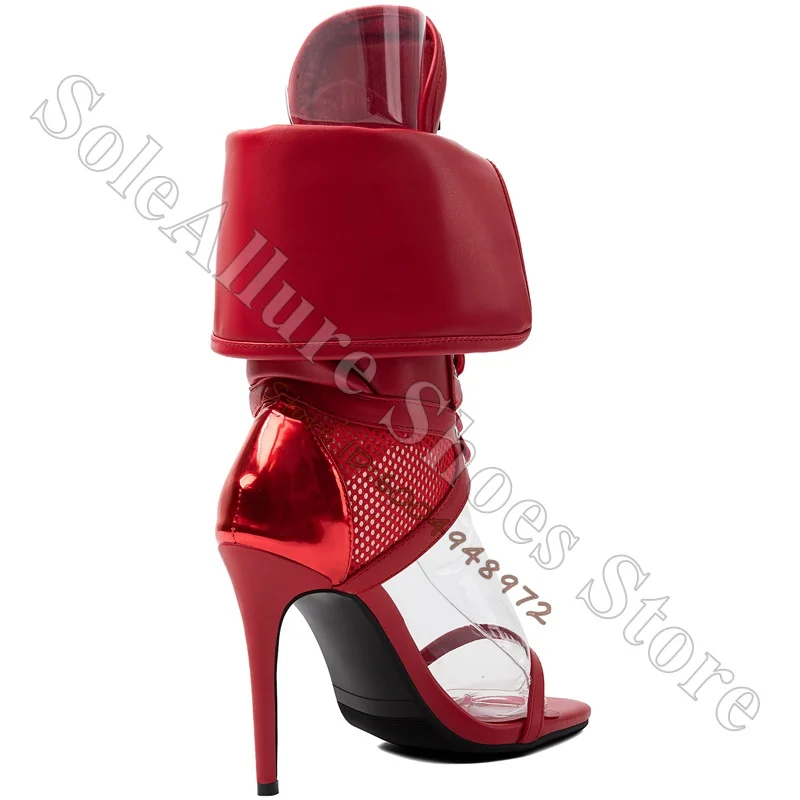 Red Fold Over Cuff Stiletto Heel Ankle Boot Sandals Open Square Toe Mesh Patchwork Lace Up High Top Sexy Party Ladies High Heels view 2