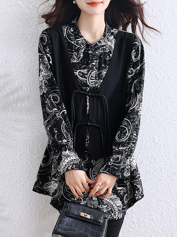 

Новый китайский длинный винтажный топ с длинным воротником све и длинным воротником в стиле пэчворк, повседневный топ средней длины из двух предметов, женская мода