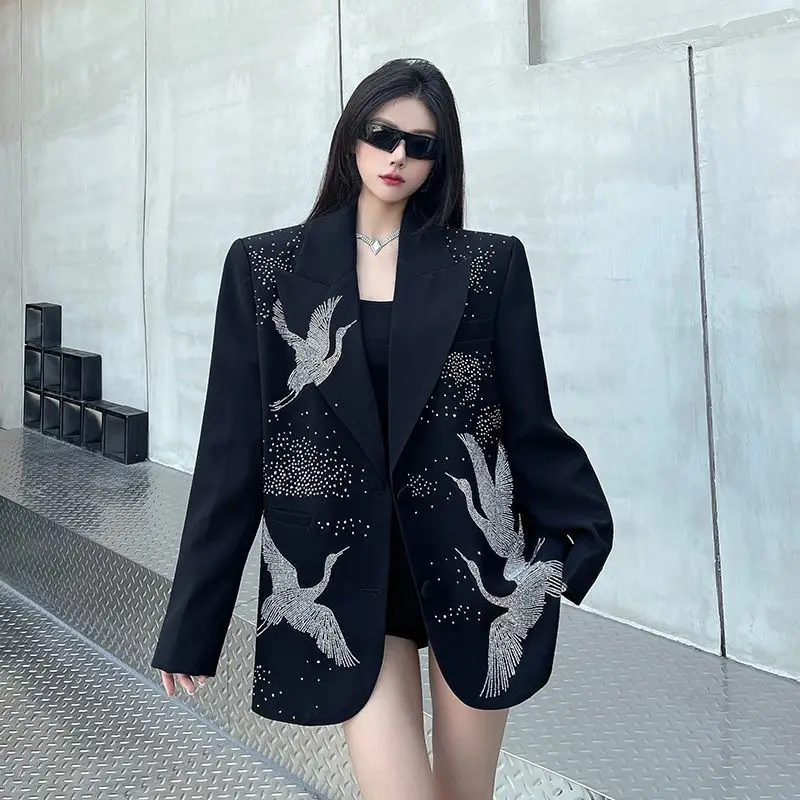 Insozkdg Black High end Hot Diamond Suit Jacket for Women Spring New Luxury Loose Casual Shoulder Padded Suit Blazers Women Top