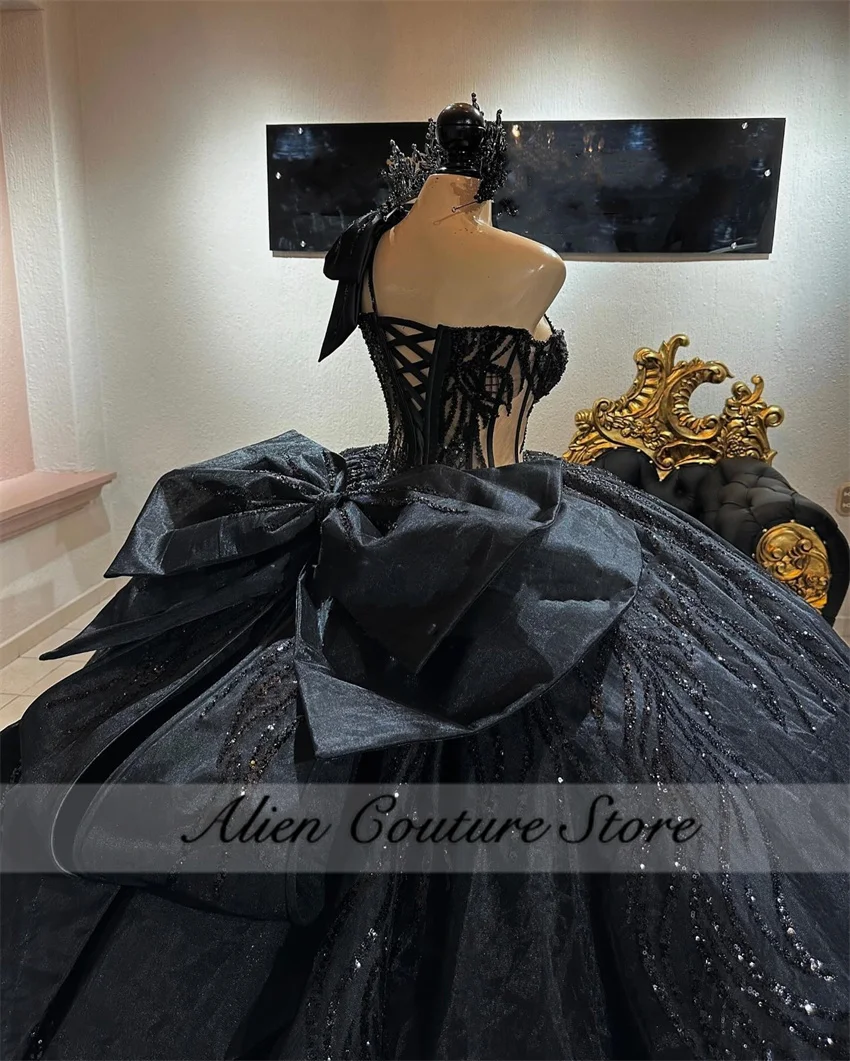 Requintado preto princesa vestido de baile quinceanera vestido miçangas lantejoulas apliques com arco festa de aniversário para 15th meninas personalizado