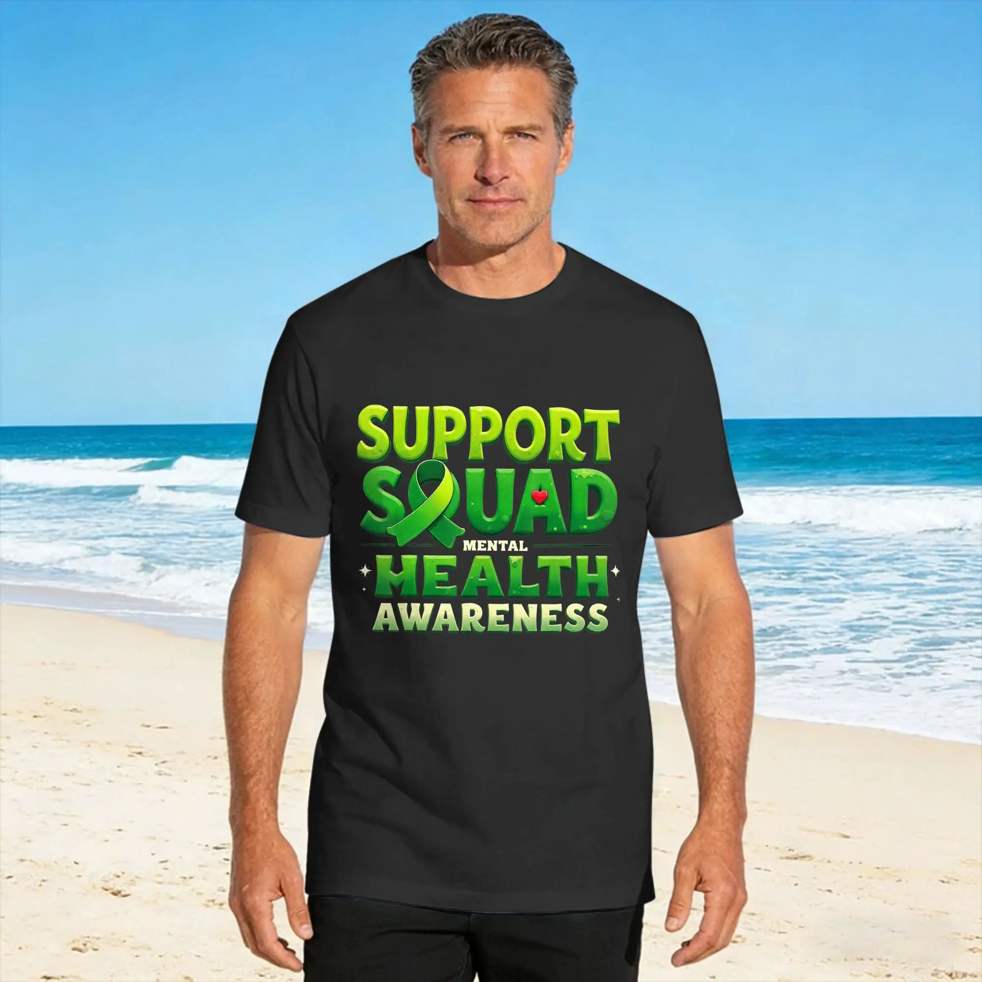 Man T Shirt Support Squad Green Ribbon Mental Health Awareness T-Shirts Novelty  Summer Tees Streetwear Cotton Tops Gift Idea