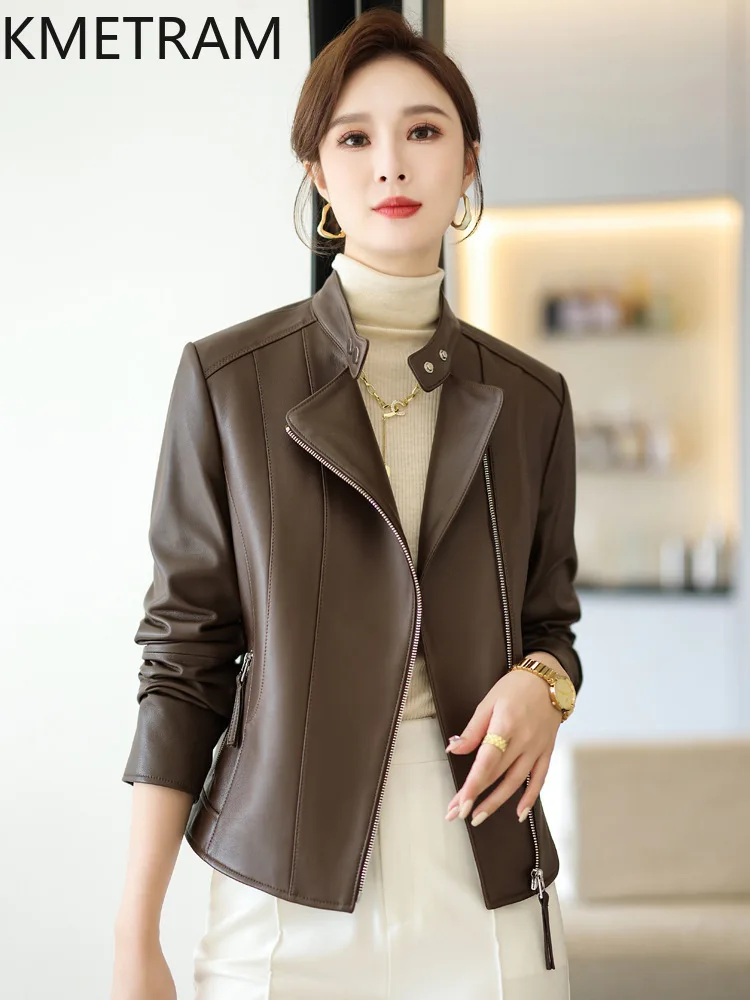 100% 天然シープスキンジャケット女性ショートオートバイ本革ジャケット女性新アウター秋服 2025 дубленка