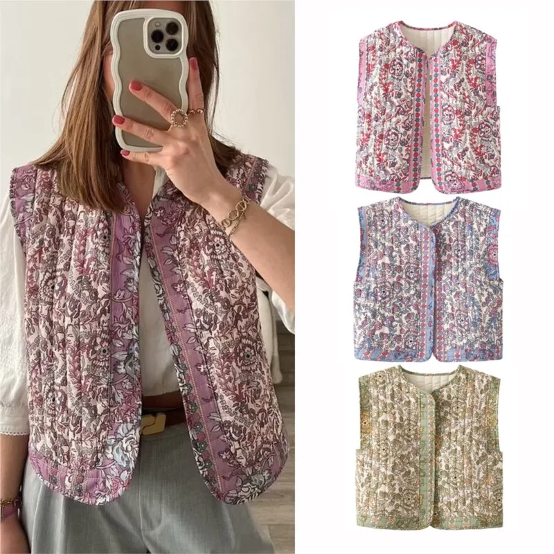

Women's Vintage Floral Print Quilted Vest Sleeveless Open Front Loose Retro National Style Chic Printed Outerwears Streetwears
