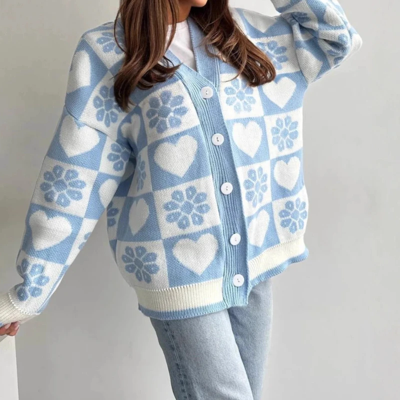 

Autumn and Winter New Loose Love Yarn-dyed Sweater Cardigan Women Lazy Long-sleeved Sweater Jacket Women