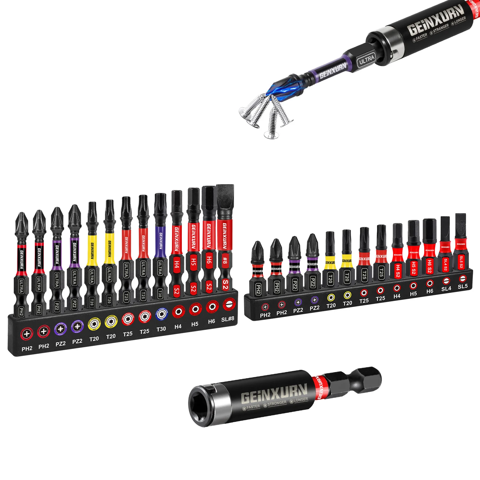 Geinxurn Impact Phillipes/Square/Slotted/Hex Screwdriver Bits Set,1''/2'' Magnetic S2 Steel Bits Set with Color Coded Base