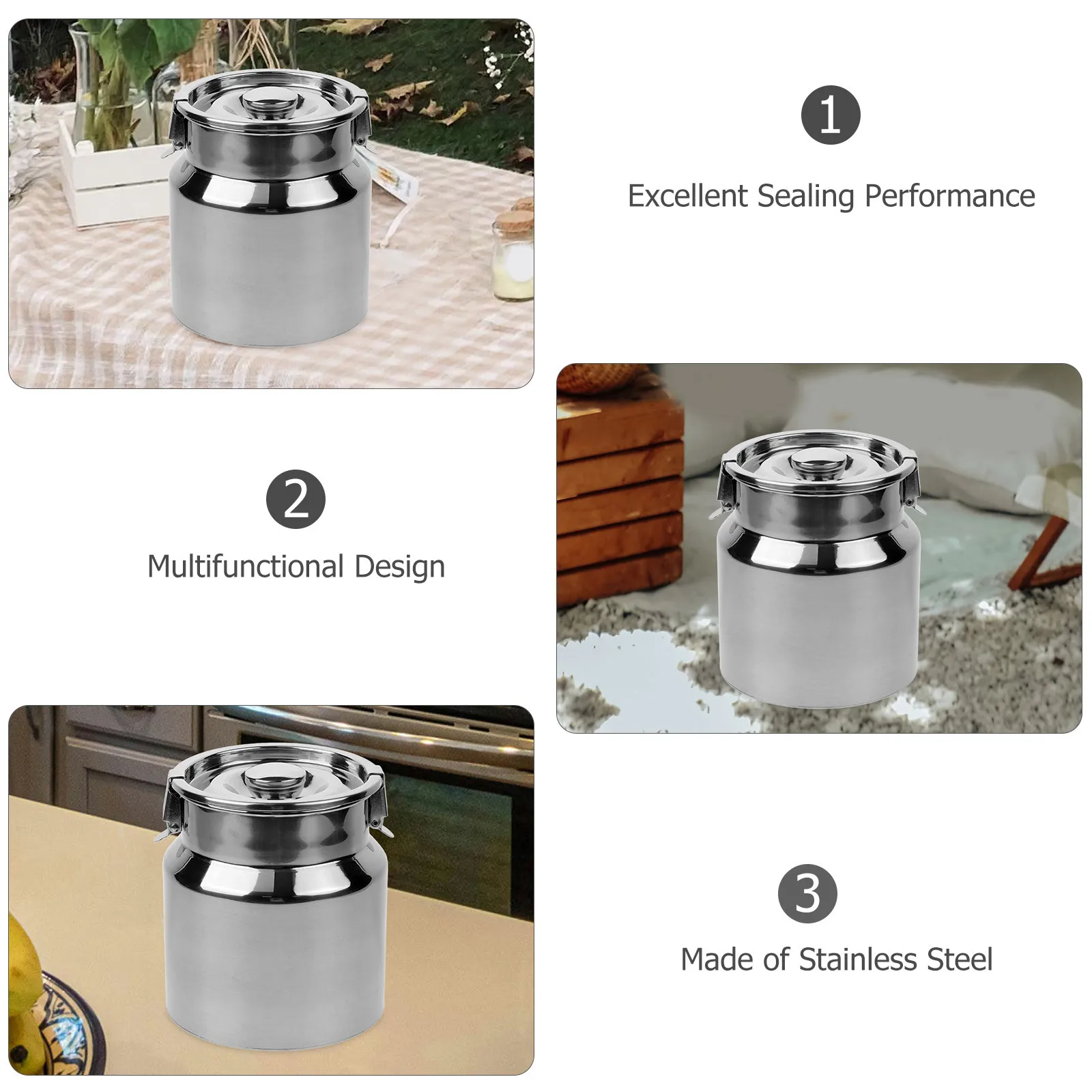 

Stainless Steel Milk Can 1.5L Airtight Storage Container For Kitchen Coffee Bean Rice Flour Soybeans Camping Sealed Grease