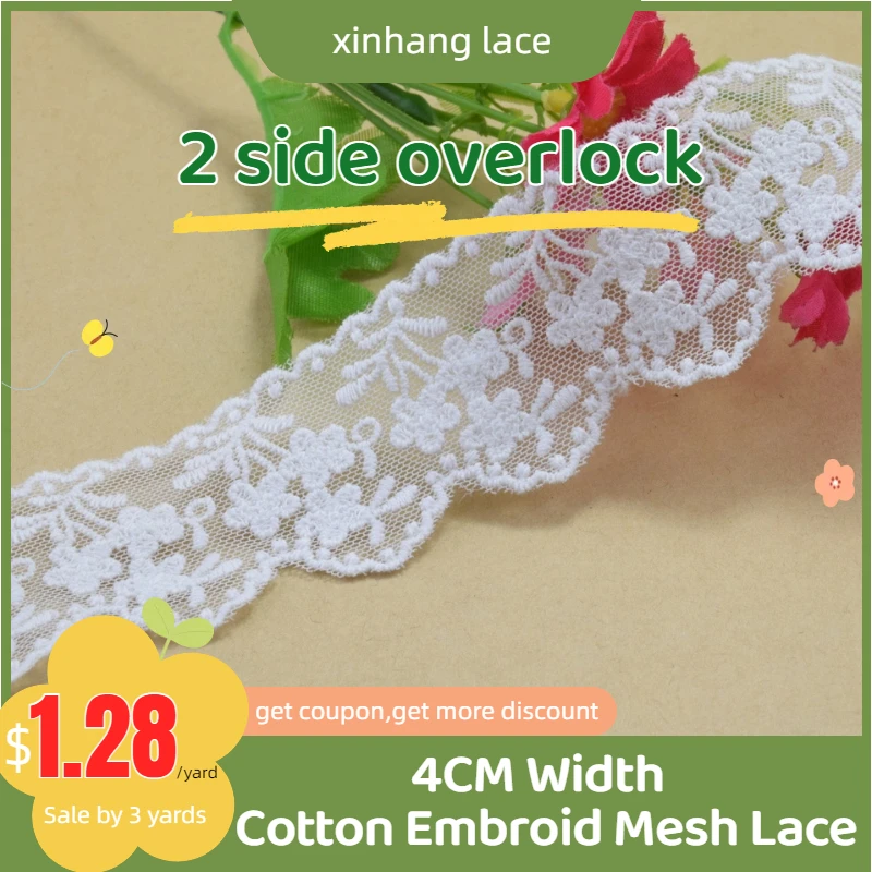 

3yards 4cm Wide White Cotton Embroidery Lace French Ribbon Fabric Guipure Diy Trim Warp Knitting Sewing Wedding Accessories#2899