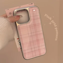 Sweet Pink Grid Pattern Drop Glue Cover Case for iPhone 16 15 14 13 12 11 Pro Max Plus Shockproof Protective Phone Case
