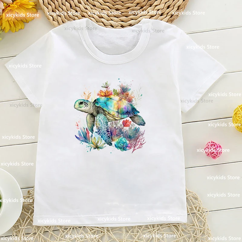 Kawaii Girls T-Shirt Fun Marine Life Turtle Animal Print Children'S T-Shirt Fashion Casual Toddler Tshirt Cute Girls Pink Tees