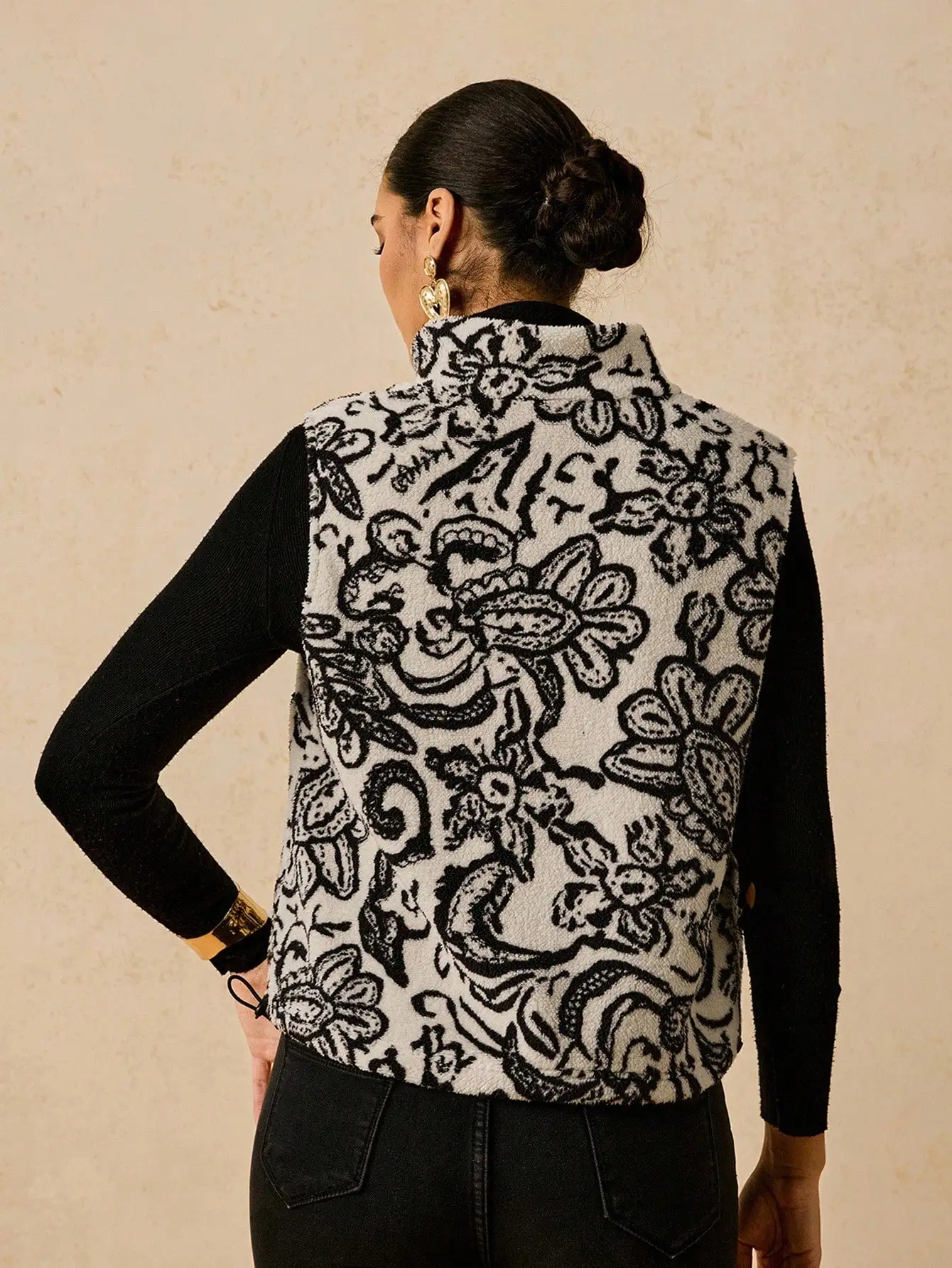 Damska polarowa kamizelka w stylu boho z kwiatowym wzorem, plus size, zapinana na zamek, jesienno-zimowa odzież wierzchnia codzienna.