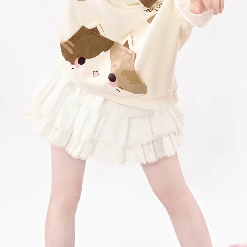 Japanese Soft Girl Kawaii Y2K Hoodies Skirt 2-Piece Set Autumn New Girls Sweet Cute Cartoon Print Long Sleeve Off-Shoulder Tops