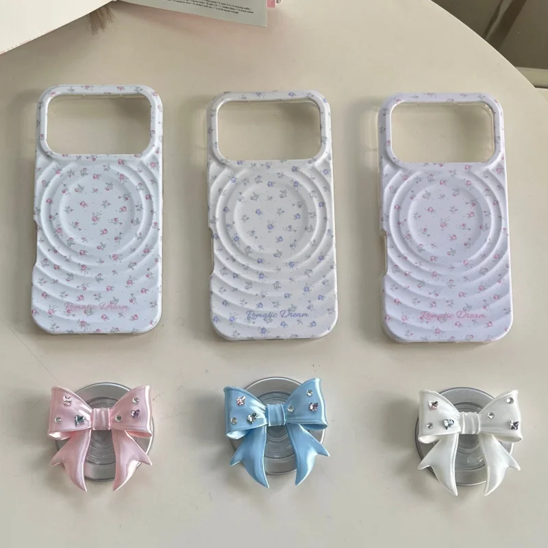 

Korean Ins Cute Flower Painting Magnetic Phone Case For iPhone 17 Pro 16 15 Pro Max 14 Pro Cover with Bowknot Stand For Magsafe