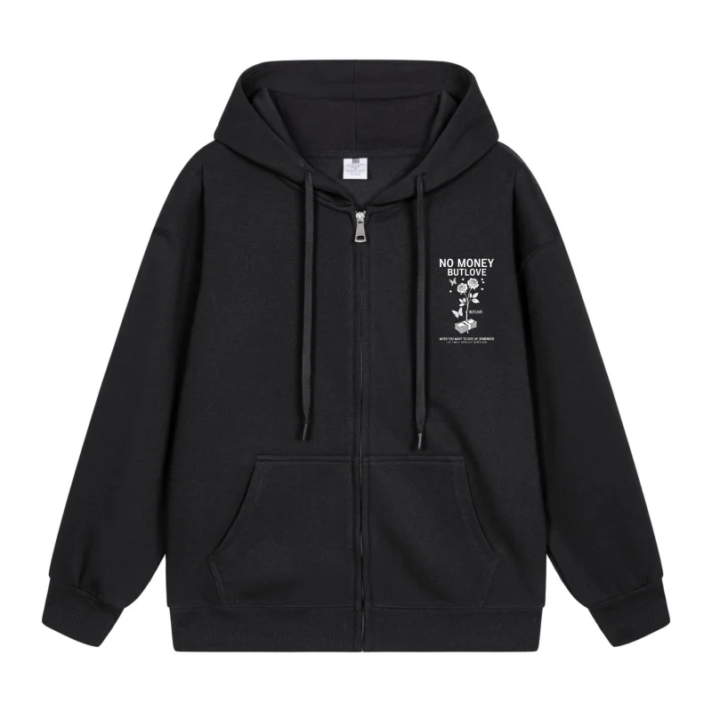 

Men's Zip-Up Hoodie Black Hoodie With White Prints 2025 New Style Casual Couples’ Style Casual and Loose
