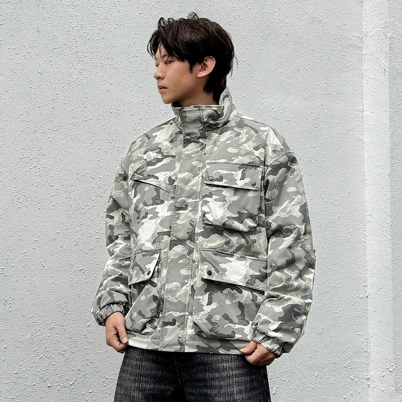 

Winter Cotton Jacket Men's Camouflage Print Trendy Bread Style Collar Youth Casual Warm Thickened Short Zipper Polyester Fiber