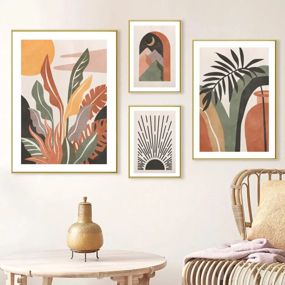 Arte de pared con paisaje de arcoíris, hojas bohemias, sol, Luna, pintura en lienzo, carteles nórdicos para decoración Interi