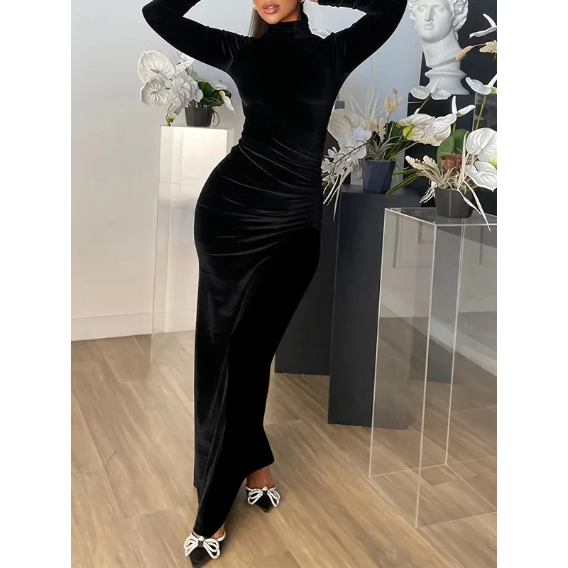 فساتين نسائية سوداء فستان بأكمام طويلة نصف ياقة عالية مثير عالي النحيف فستان مخملي أنيق للحفلات المسائية رداء فيستدو