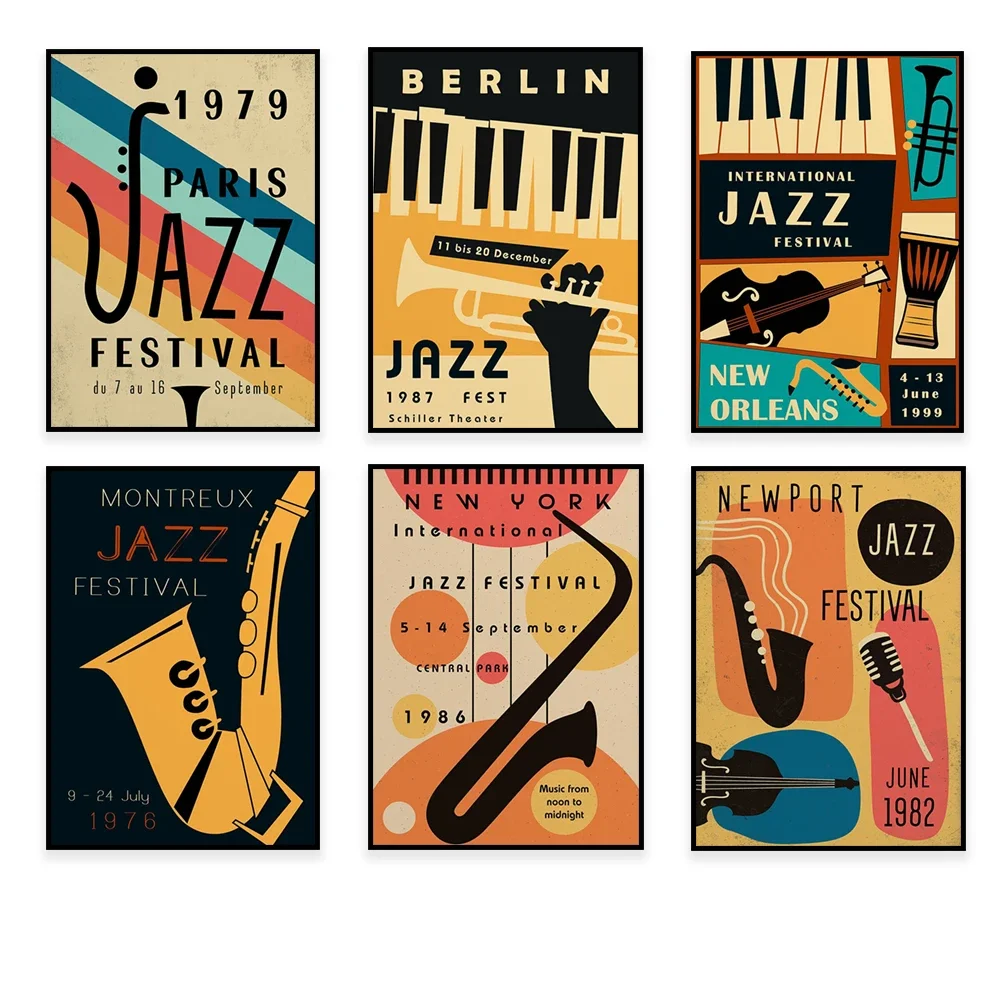 New York, Berlin, Newport, Paris, Montreux jazz festival poster, jazz festival, trumpet piano, saxophone, music colorful poster