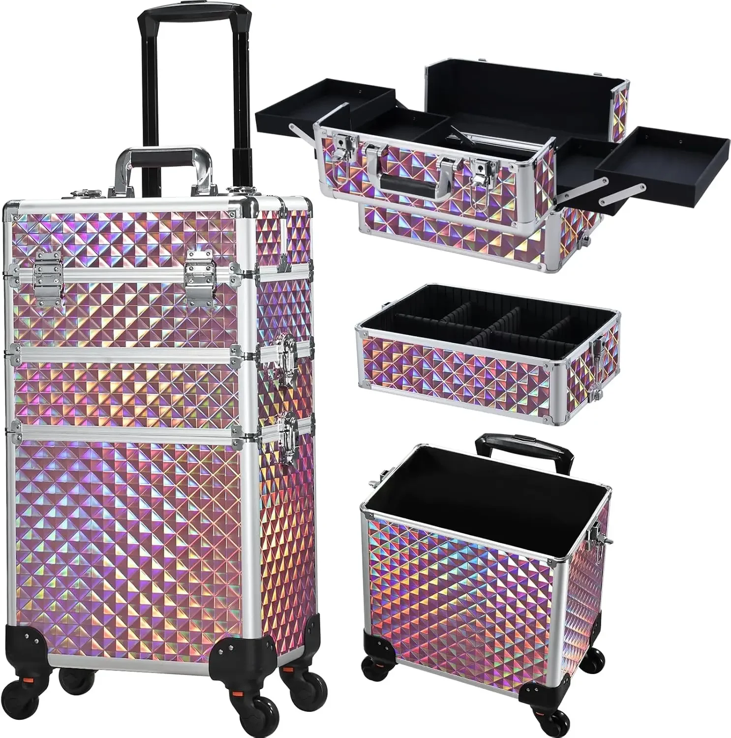 3 in 1 Rolling Makeup Train Case Portable Cosmetic Trolley Large Storage for Professional with 360° Swivel Wheels Salon