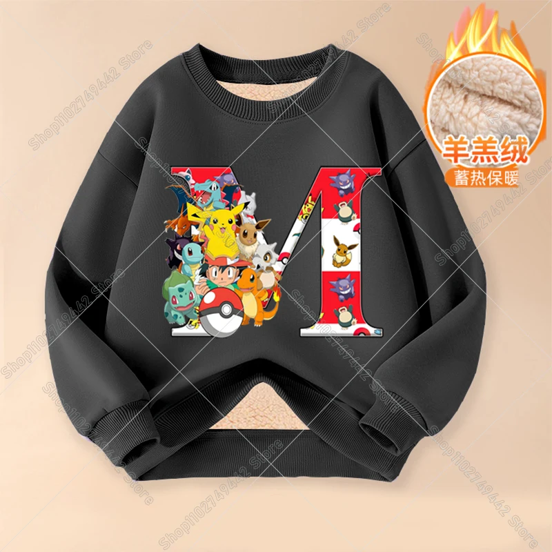 Anime Pikachu Felpa invernale per bambini Lettera AZ Pokemons Tuta in pile addensata per ragazzo Ragazza Pullover caldo Abbigliamento sportivo per bambini