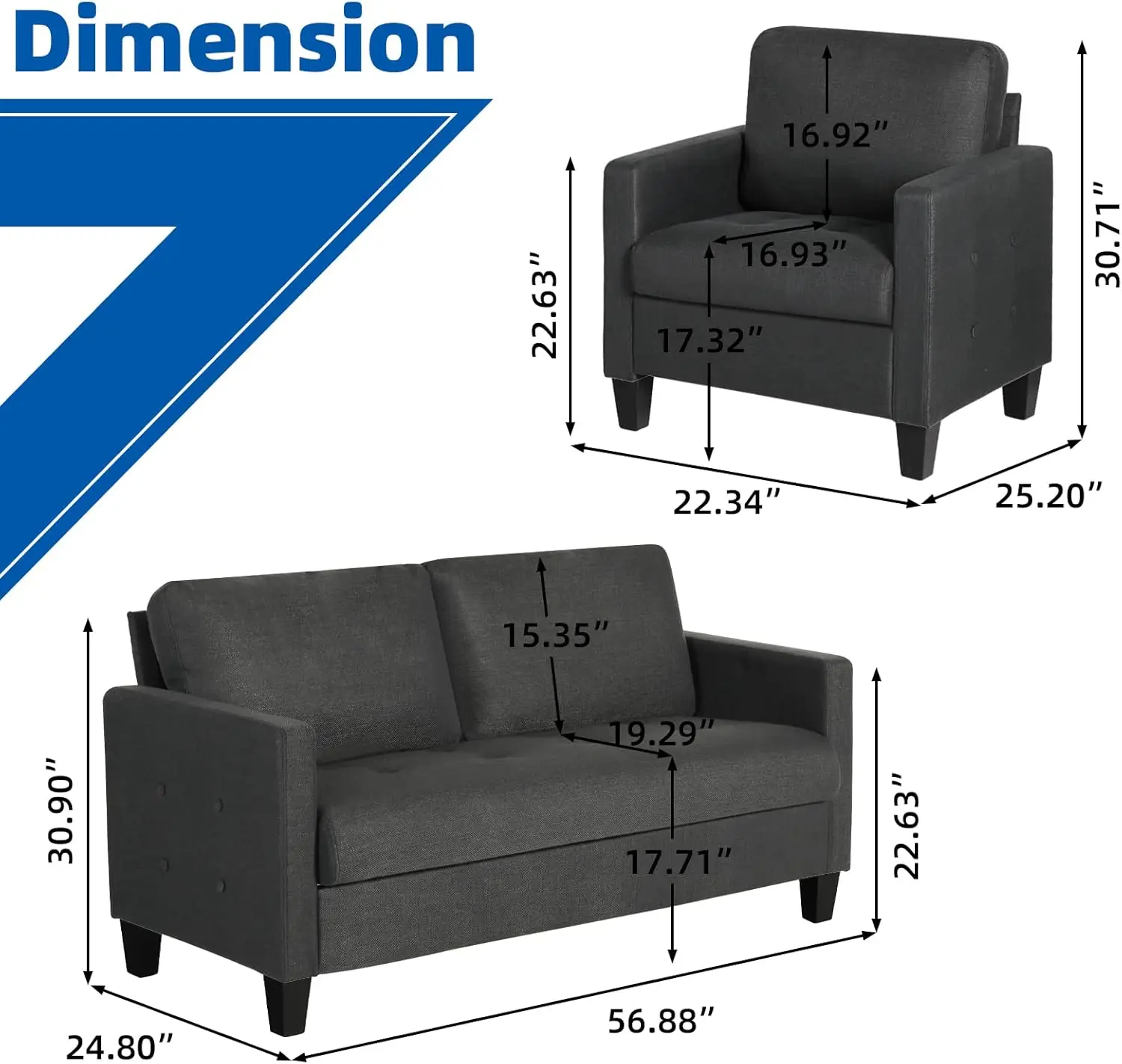 Conjunto de Loveseat e Cadeiras de Tecido, Sofá Estofado, Sofá com 2 Portas USB, Apartamento 3 PCs