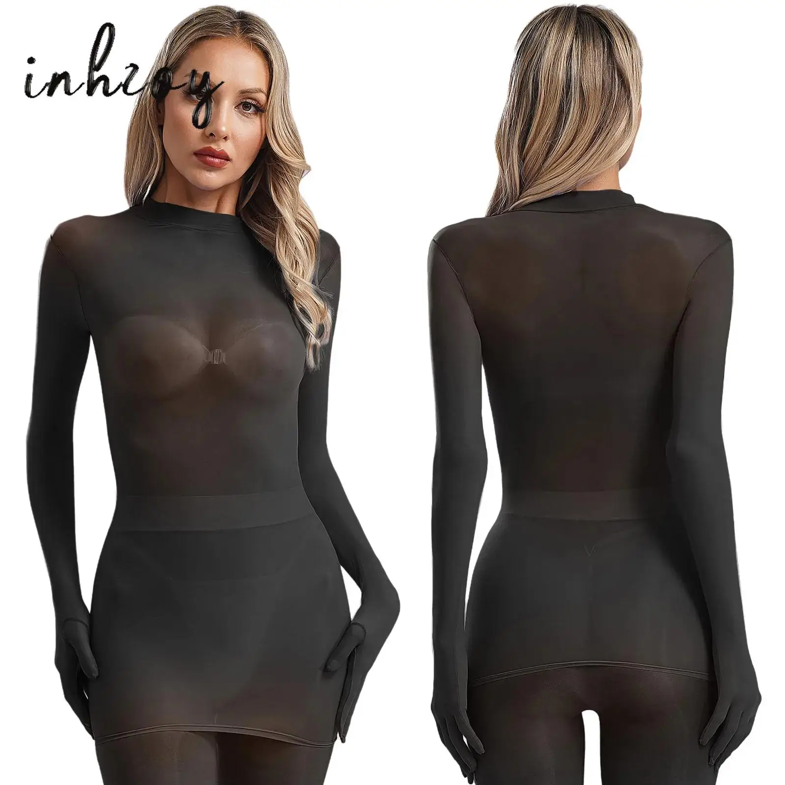 

Womens Ultra Thin Shirt Tops Sexy Gloved See Through Long Sleeve Slim Fit Stretchy Undershirt Pullover Glossy Nightwear Clubwear