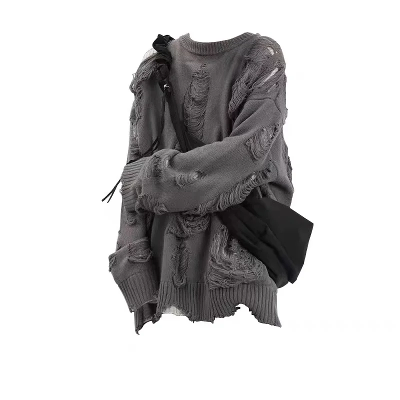 

Оверсайз свитер с вырезами в американском стиле, осенне-зимний, вязаный, с длинными рукавами, круглым вырезом, пуловер в стиле Lazy Sle