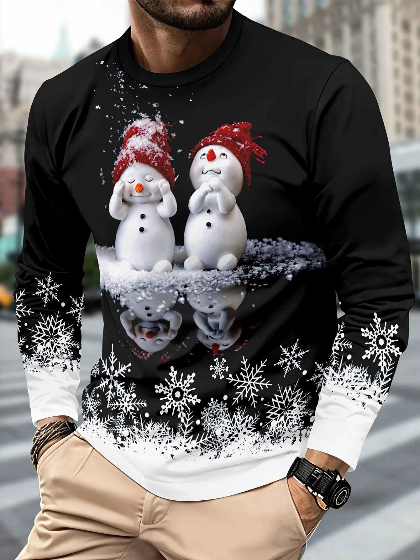 Men Christmas Round Neck Sweatshirt, Cute Snowman Reflection Snowflake Print Polyester Casual Pullover
