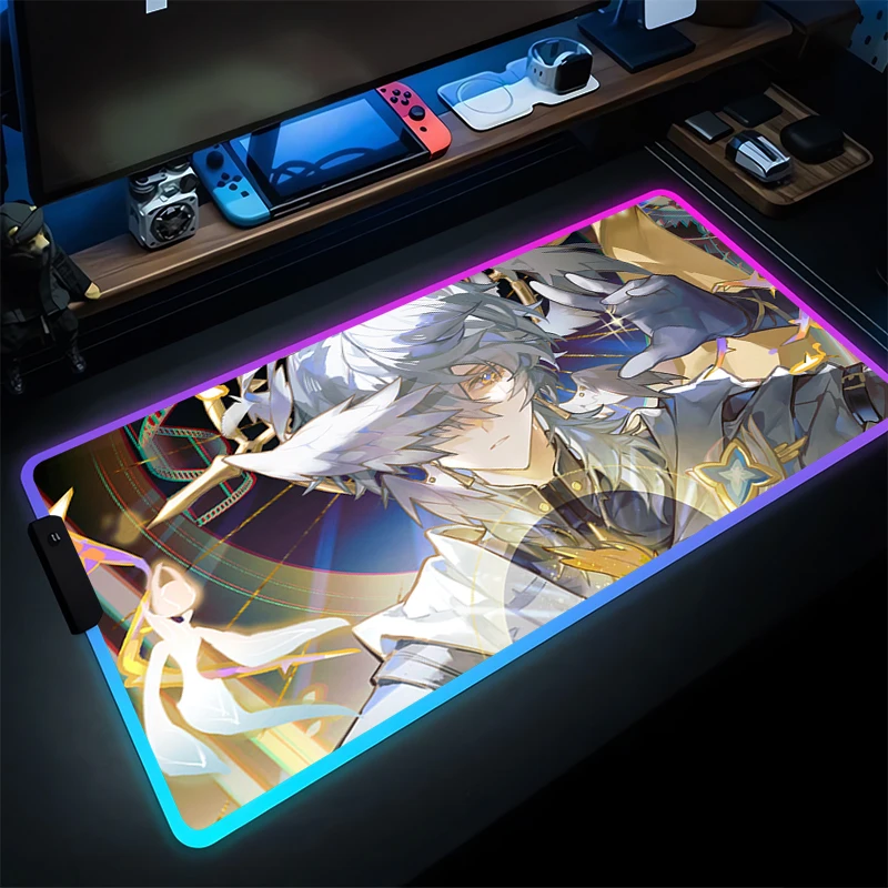 RGB Mouse Pad LED Gamer Desk Mat Komputer PC Anime Mousepad Honkai Star Rail Minggu HD Keyboard Pad Aksesoris Gaming Mousepad