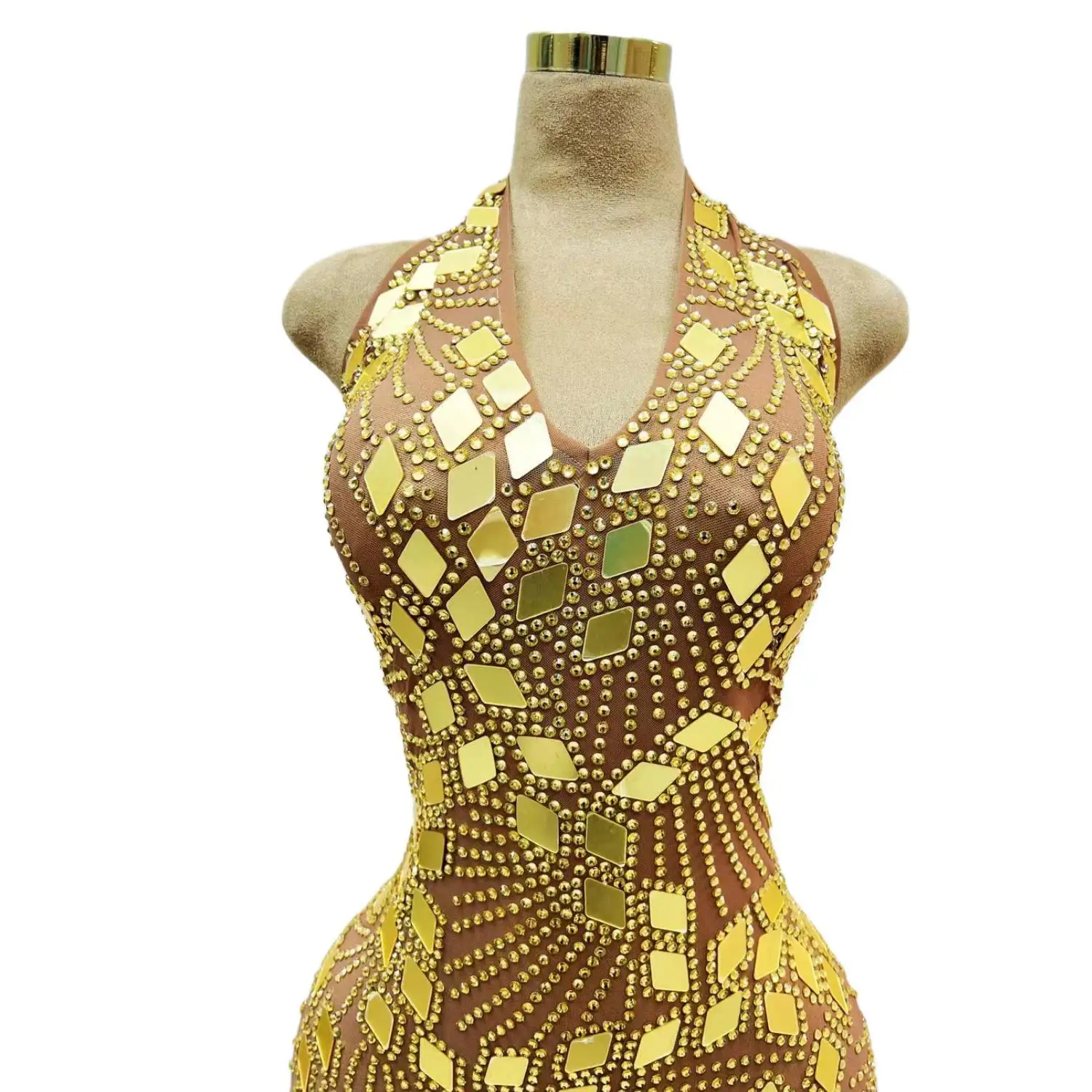 Sexy Gouden Spiegels Backless Jurk Voor Vrouwen Verjaardagsavond Vieren Kostuum Dance Singer Party Rhinetones Jurken 2024 Jihe