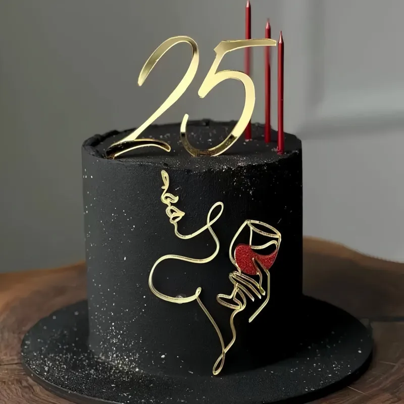 Ins Line GirlHappy Birthday Cake Topper Dekoration Gold Acryl Abstrakte Kunst für Hochzeit Mädchen Party Cake Topper Backzubehör – Detail 6