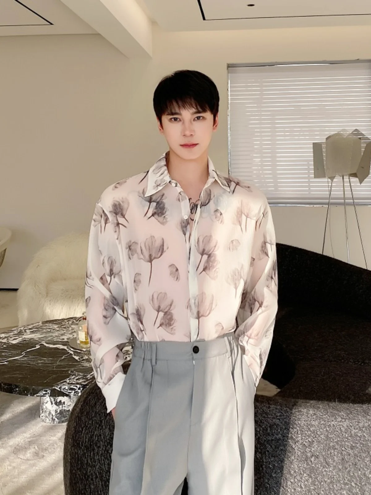 

Ele Long Sve Chinese Sle irt Мужской легкий Georgette Silk irt Простой дизайн Отложной воротник Весна Лето N...