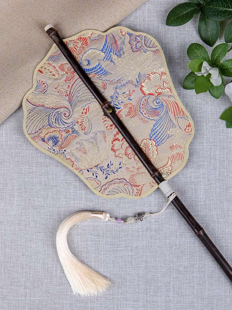 Circular Fan Vintage Printed Brocade Phoenix Coronet-Shaped Rolled FoldableLong Handle Ancient Style Classical Hanfu Dance Props