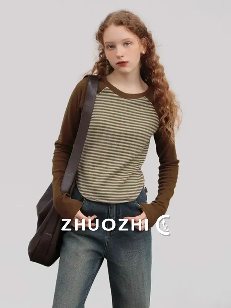 

ZhuoZhi ort round Ne T-irt Color Blo Striped Design Spring Autumn Faion Casual Top Women's Busin Commute Wear