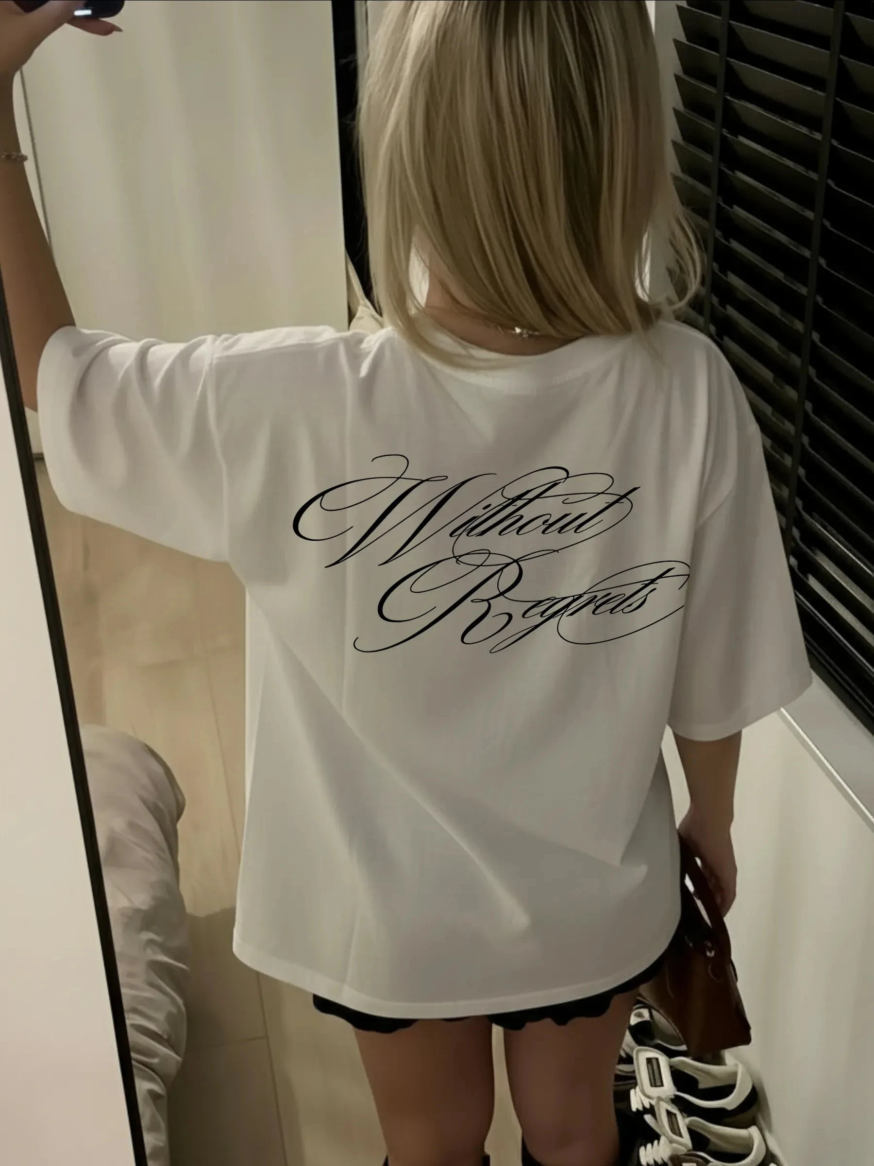 Women Oversized T Shirt Without Regrets Letter Print Short Sleeve Graphic Tee Casual Summer Streetwear Loose Y2K Tops
