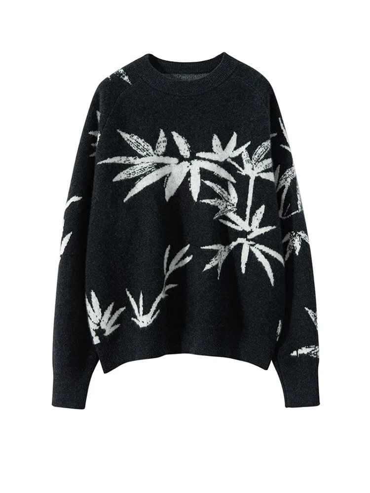 

MEETCC Luxury Women Bamboo Jacquard Pullover O-Neck 100% Cashmere Knitted Sweater Autumn Winter High Quality Female Soft Tops