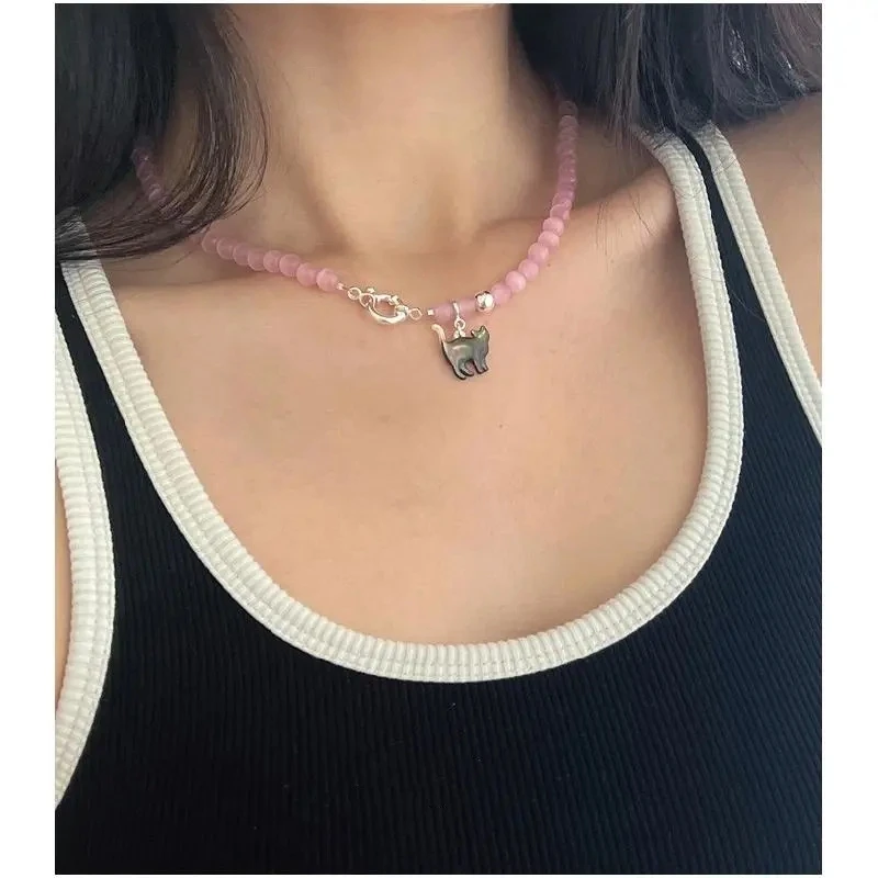 New Pink Crystal Opal Beaded Cat Pendant Necklace for Women Sweet Cool Cute Aesthetics Clavicle Chain 2023 Trendy Jewelry Gift