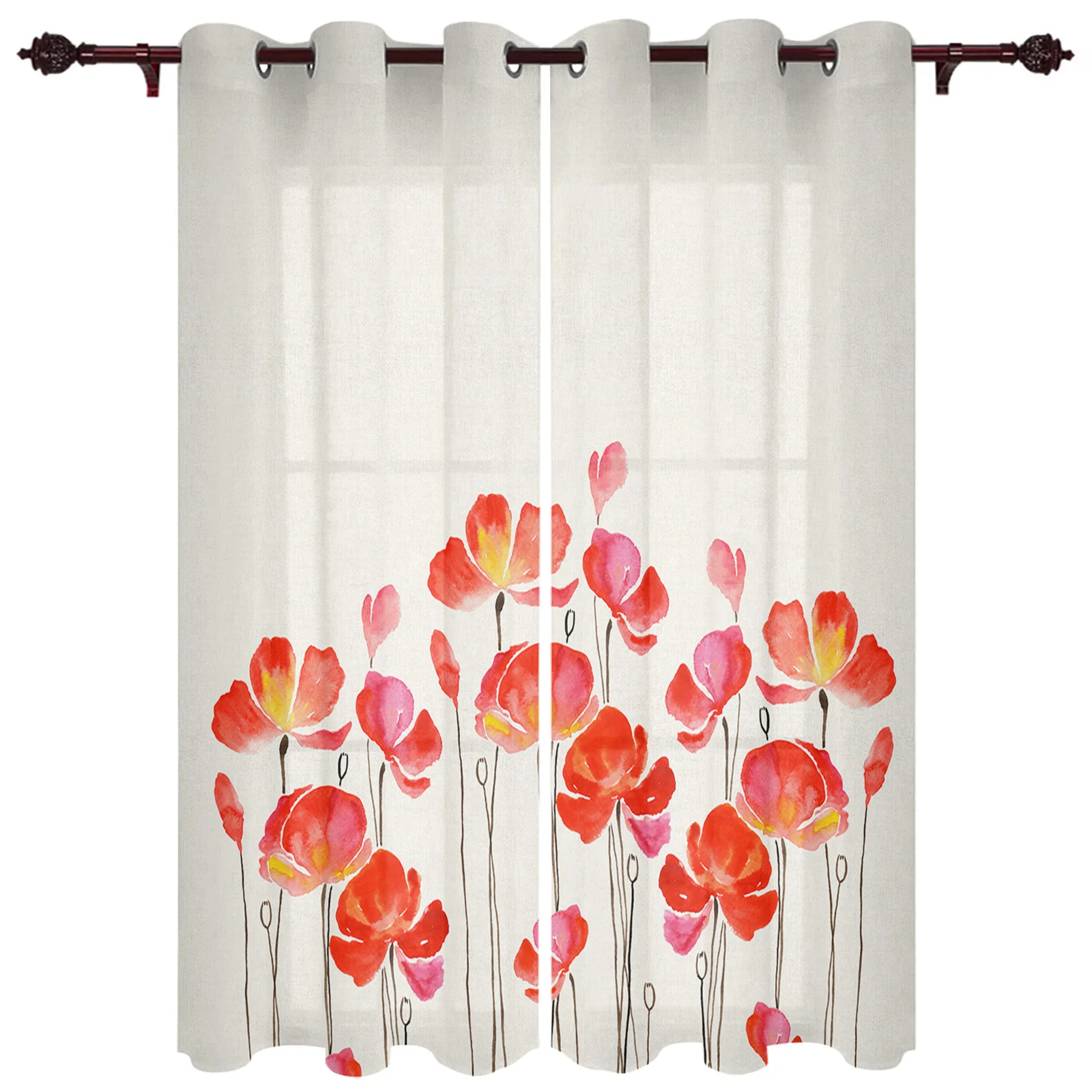 Red Watercolor Poppies Window Curtain Living Room Luxury Valance Curtain for Bedroom Home Kitchen Decor Curtain