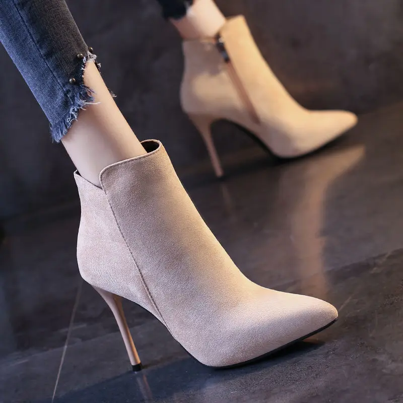 Short Shoes for Woman Women\'s Ankle Boots Very High Heels Footwear Pointed Toe Pink Suede Booties Heeled Sexy Chic and Elegant