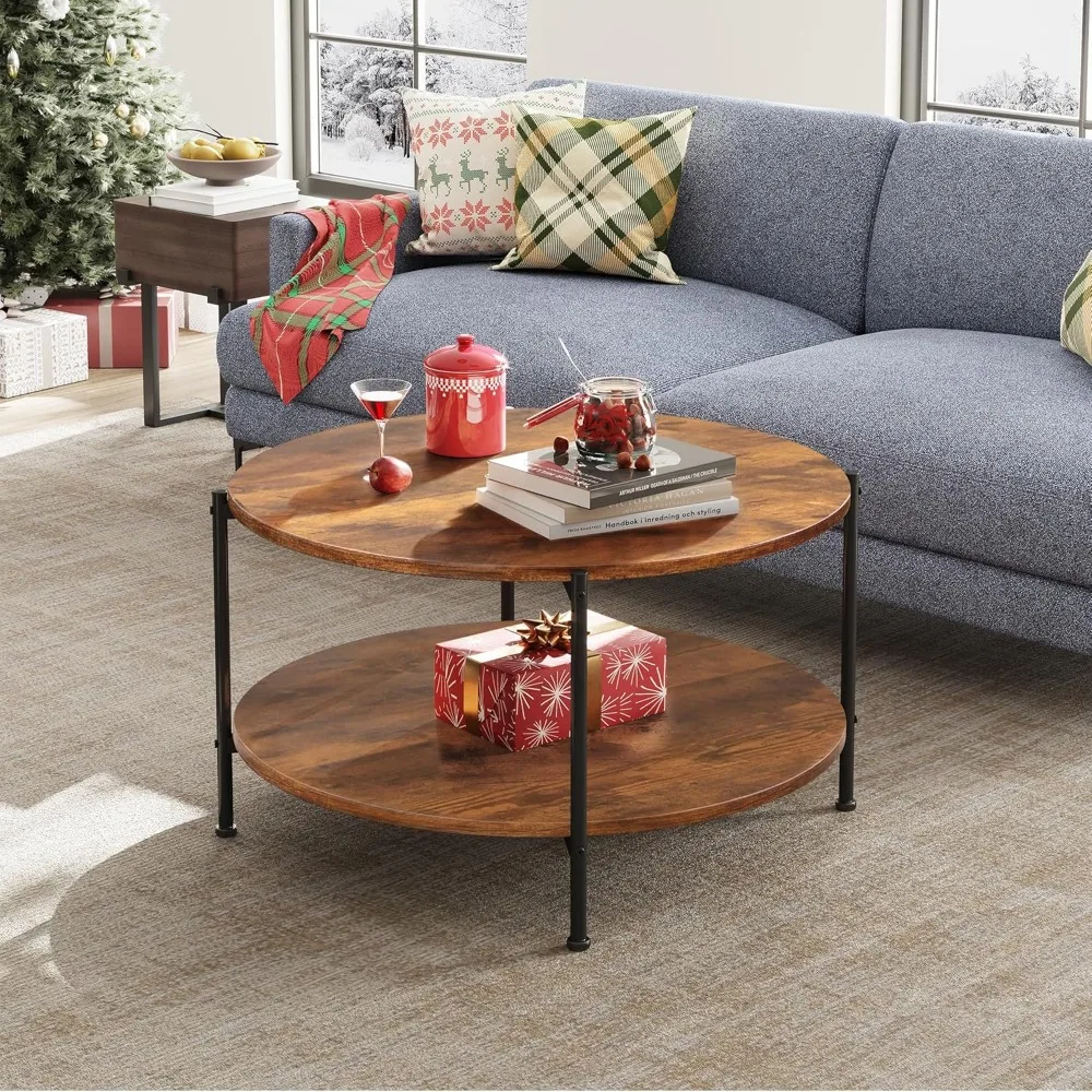 Round Coffee Table,  Small Coffee Table with Open Storage Shelf, Industrial Circle Wood Center Table for Living Room