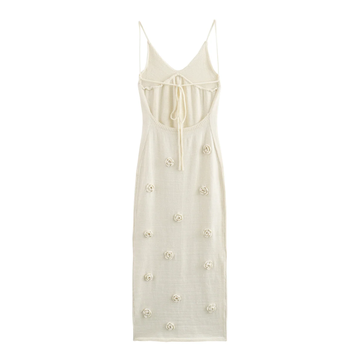 European and American 2024 Summer New Women\'s Retro Slim Fit Sexy Open Back Flower Decoration Knitted Suspended Dress