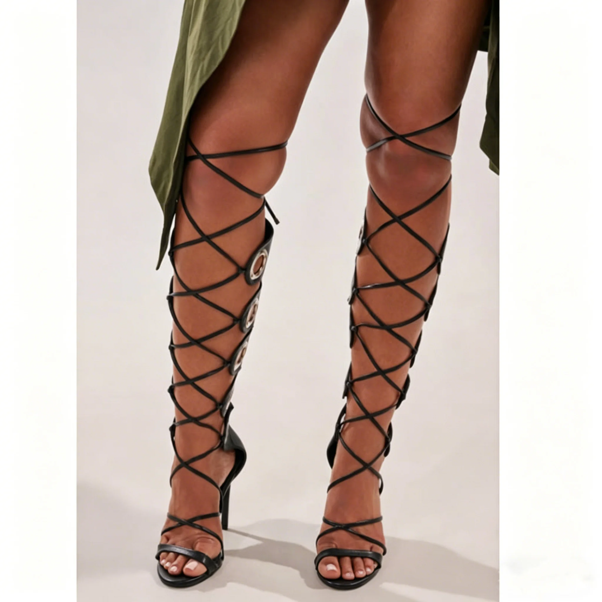 Cross-Tied Round Toe Over-The-Knee Metal Circles Summer Women Sandals Stiletto High Heels Lace Up Design Large Size Shoes
