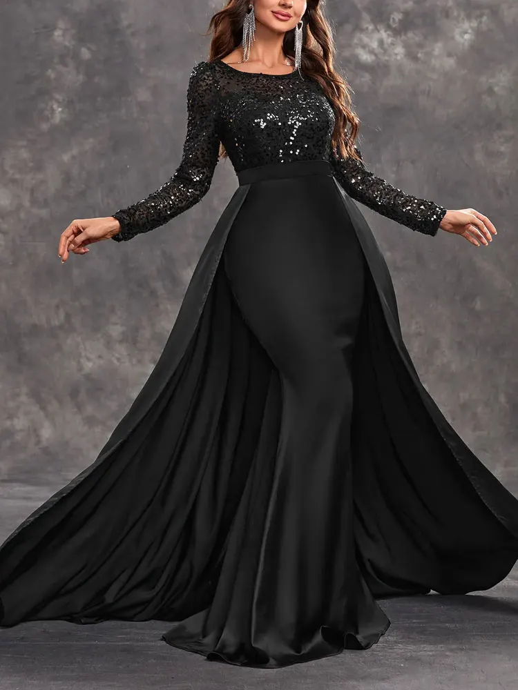 Dubai árabe preto mancha sereia mãe da noiva vestido longo sheer neck mangas compridas elegantes vestidos de noite baile de formatura dre