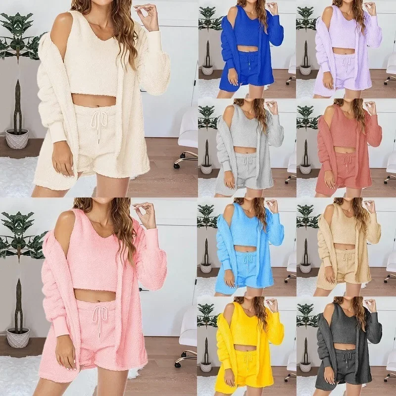 Women Spring Summer Shorts Set Tweed Solid Color V Neck Long Sleeve Lace-up Casual Fashion Comfortable Warm Regular Standard Fit