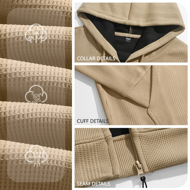 Men's Coat Waffle Texture Hooded Zip Up Cardigan Solid Long Sleeve Pocket Jacket Spring Autumn Daily Streetwear Outer Coat