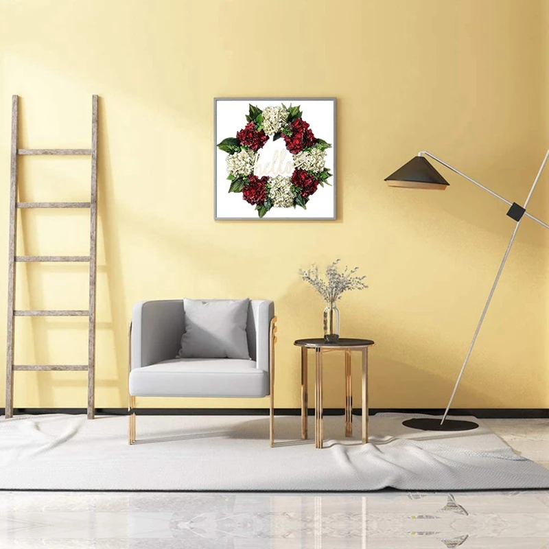 Corona para puerta delantera, corona de hortensia roja y blanca, corona hecha a mano, corona de Hello Farmhouse, primavera y verano