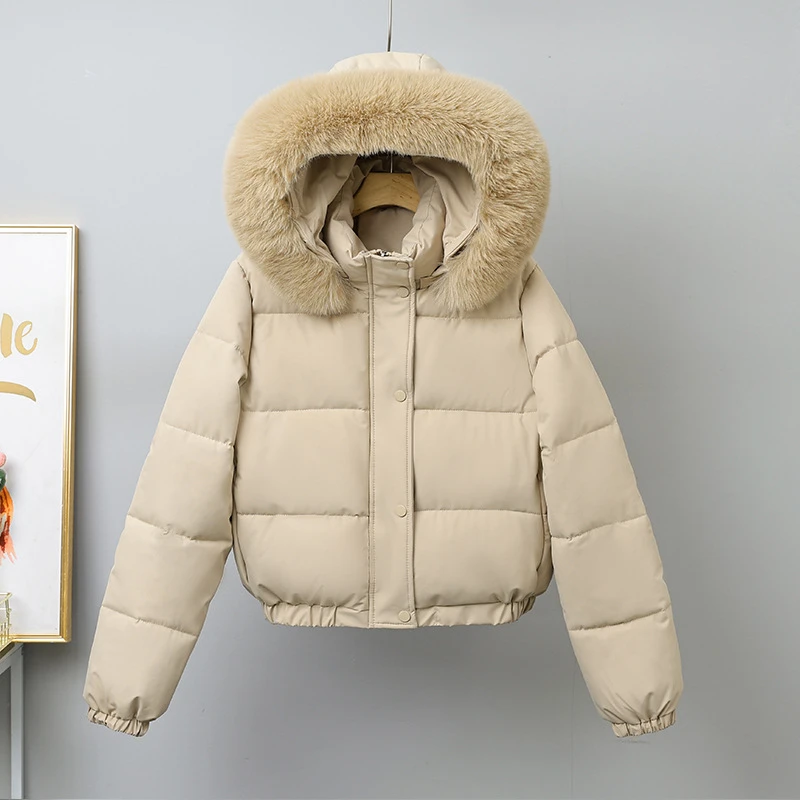 

Short Parkas Loose Winter Cotton Padded Jackets Solid Big Fur Collar Women's Long Sleeve Thick Warm Hooded Bread Clothes Trend